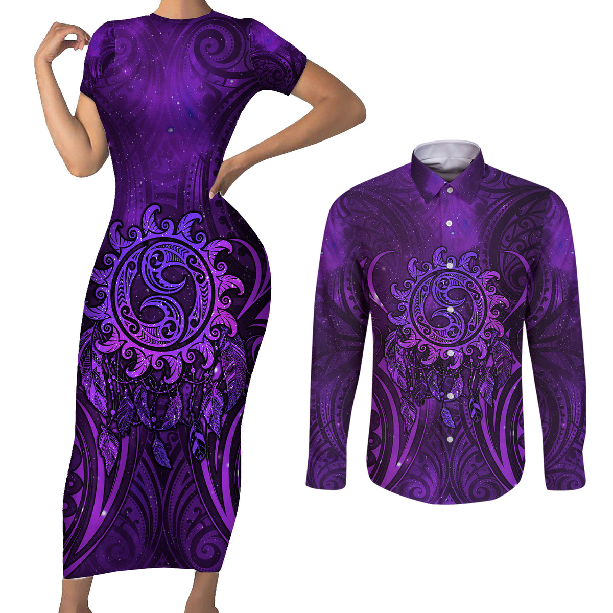 New Zealand Dream Catcher Couples Matching Short Sleeve Bodycon Dress and Long Sleeve Button Shirt Maori Koru Pattern Purple Version LT05 Purple - Polynesian Pride