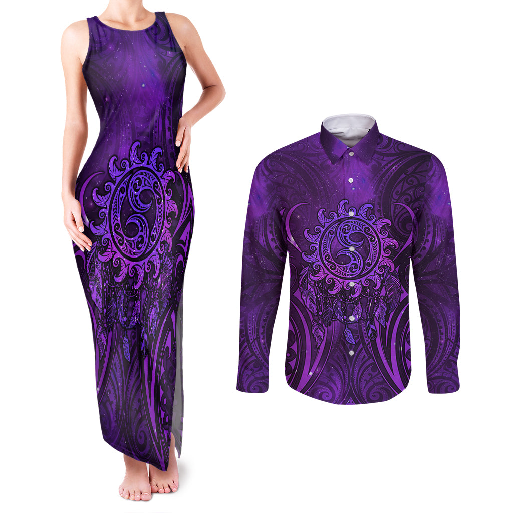 New Zealand Dream Catcher Couples Matching Tank Maxi Dress and Long Sleeve Button Shirt Maori Koru Pattern Purple Version LT05 Purple - Polynesian Pride