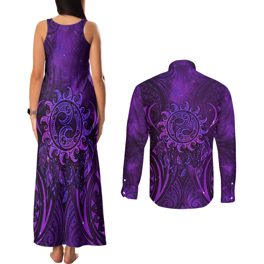New Zealand Dream Catcher Couples Matching Tank Maxi Dress and Long Sleeve Button Shirt Maori Koru Pattern Purple Version LT05 - Polynesian Pride