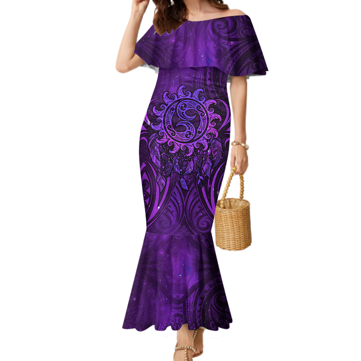 New Zealand Dream Catcher Family Matching Mermaid Dress and Hawaiian Shirt Maori Koru Pattern Purple Version LT05 Mom's Dress Purple - Polynesian Pride