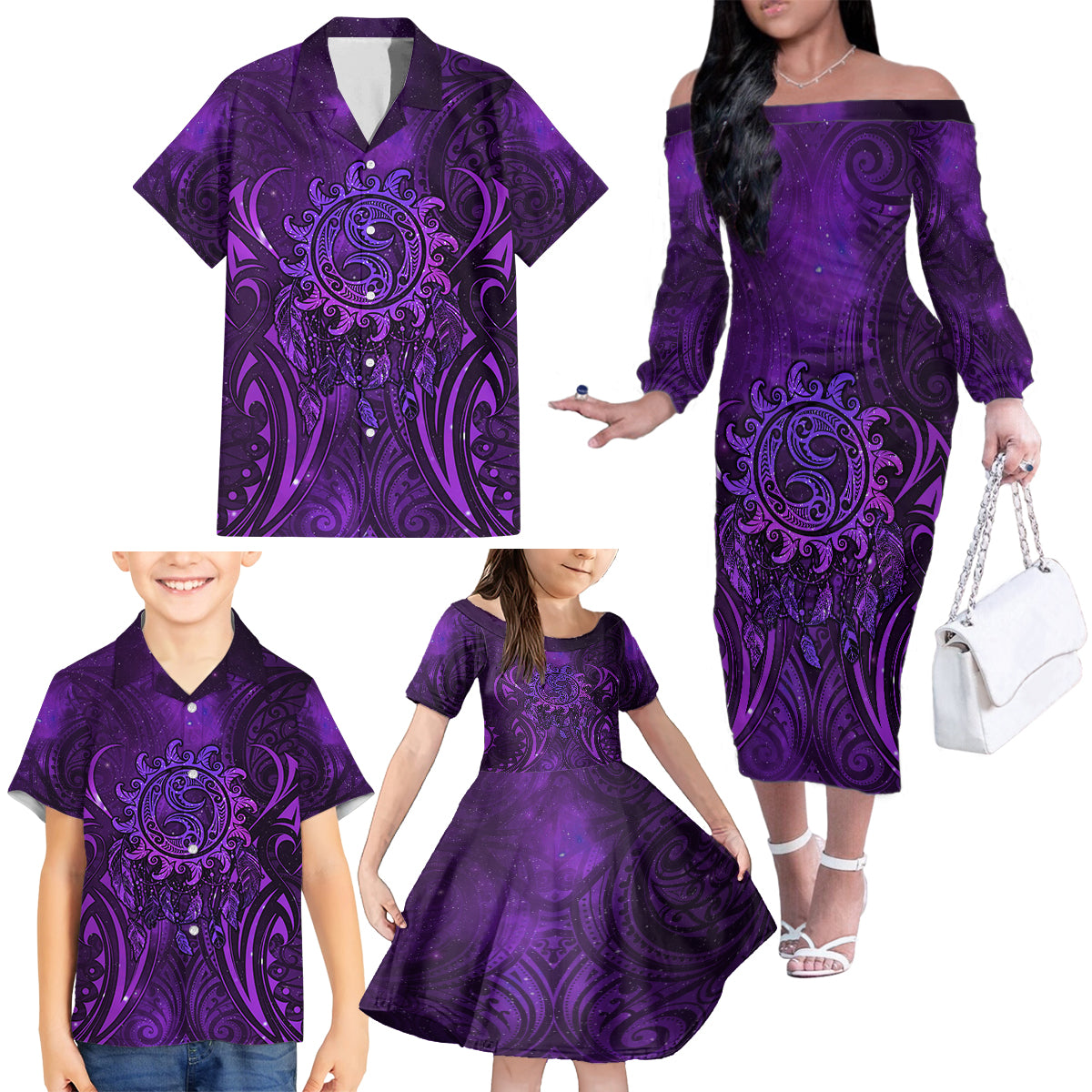 New Zealand Dream Catcher Family Matching Off The Shoulder Long Sleeve Dress and Hawaiian Shirt Maori Koru Pattern Purple Version
