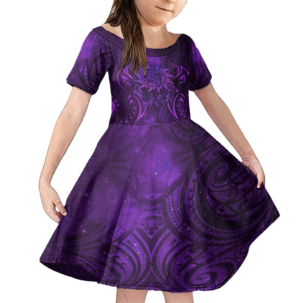 New Zealand Dream Catcher Family Matching Off Shoulder Maxi Dress and Hawaiian Shirt Maori Koru Pattern Purple Version