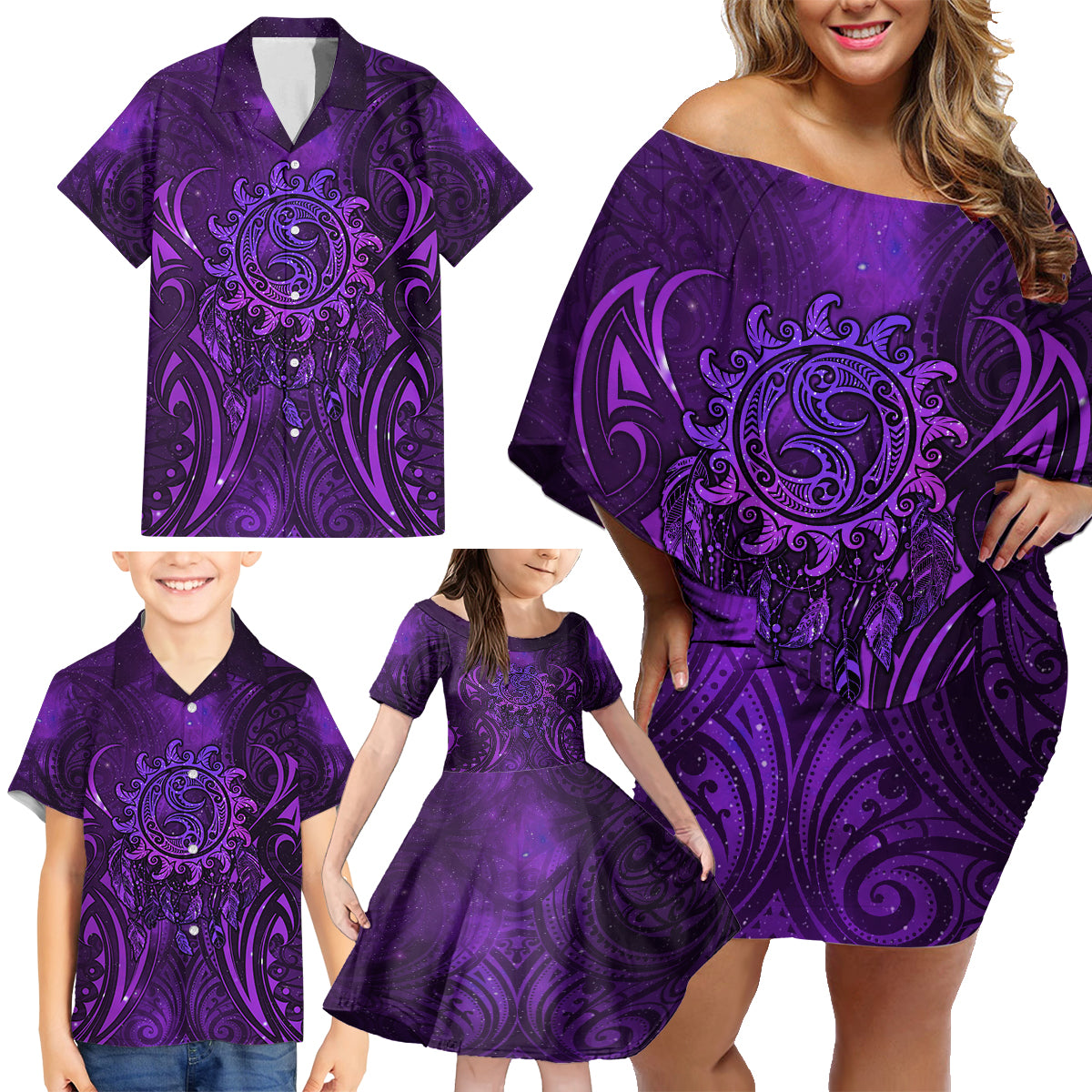 New Zealand Dream Catcher Family Matching Off Shoulder Short Dress and Hawaiian Shirt Maori Koru Pattern Purple Version LT05 - Polynesian Pride