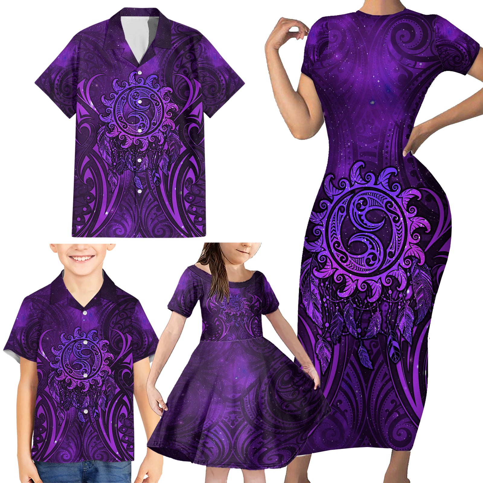 New Zealand Dream Catcher Family Matching Short Sleeve Bodycon Dress and Hawaiian Shirt Maori Koru Pattern Purple Version LT05 - Polynesian Pride