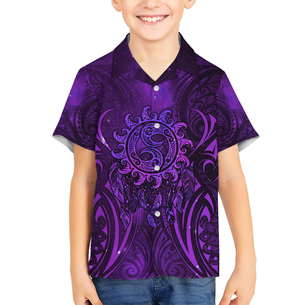 New Zealand Dream Catcher Family Matching Short Sleeve Bodycon Dress and Hawaiian Shirt Maori Koru Pattern Purple Version LT05 Son's Shirt Purple - Polynesian Pride