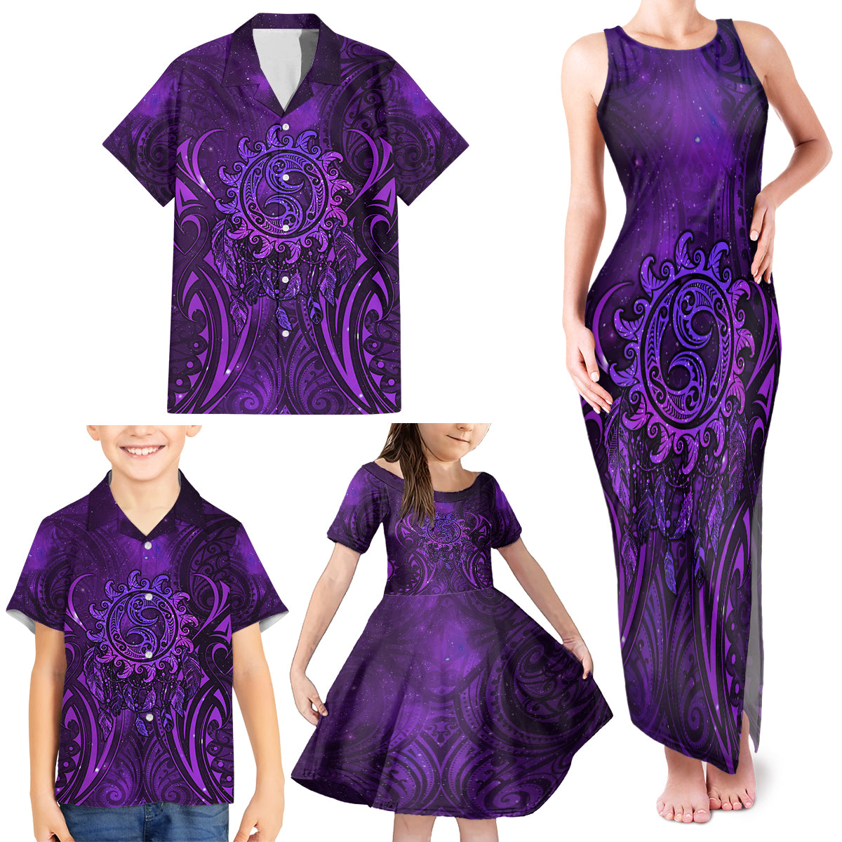 New Zealand Dream Catcher Family Matching Tank Maxi Dress and Hawaiian Shirt Maori Koru Pattern Purple Version LT05 - Polynesian Pride