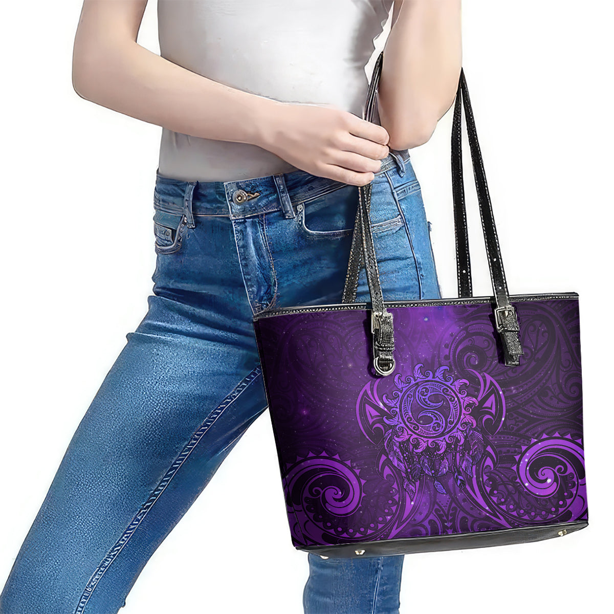 New Zealand Dream Catcher Leather Tote Bag Maori Koru Pattern Purple Version