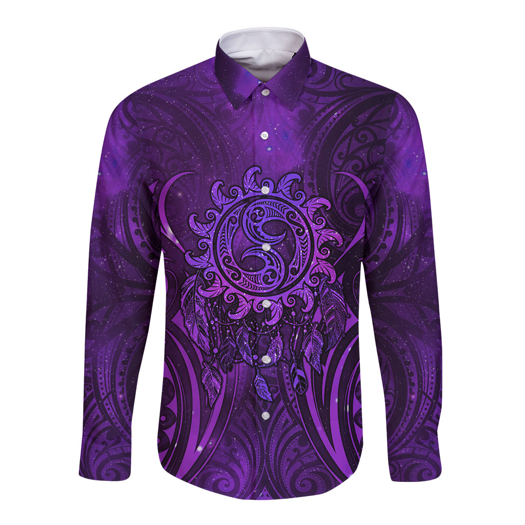 New Zealand Dream Catcher Long Sleeve Button Shirt Maori Koru Pattern Purple Version