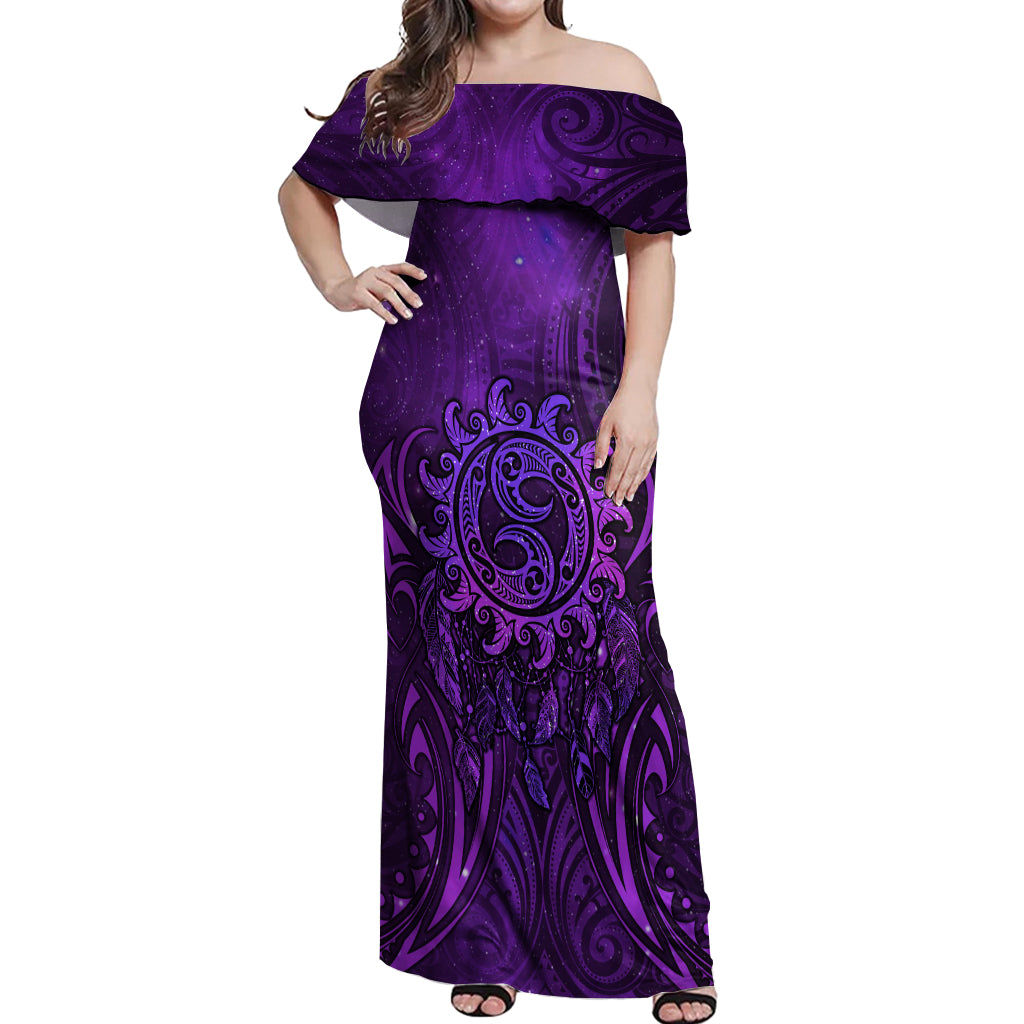 New Zealand Dream Catcher Off Shoulder Maxi Dress Maori Koru Pattern Purple Version