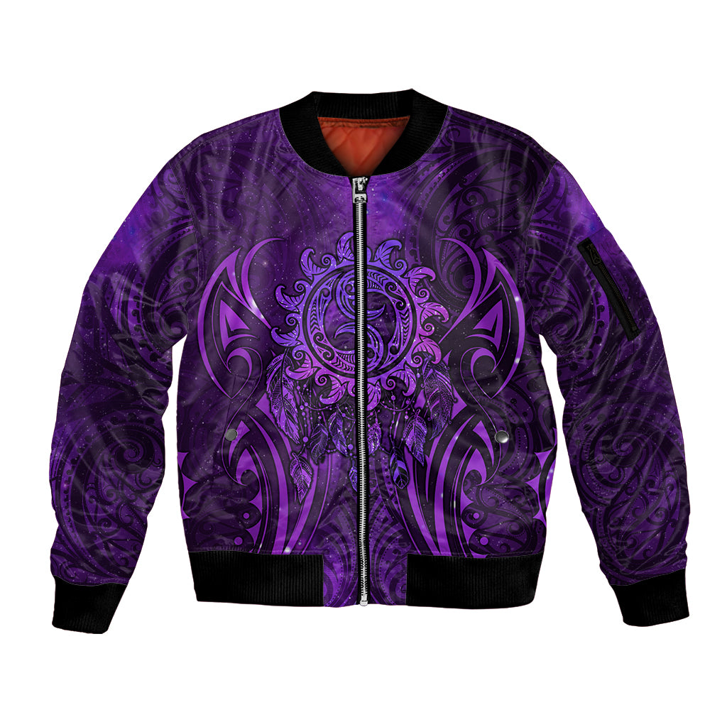 New Zealand Dream Catcher Sleeve Zip Bomber Jacket Maori Koru Pattern Purple Version