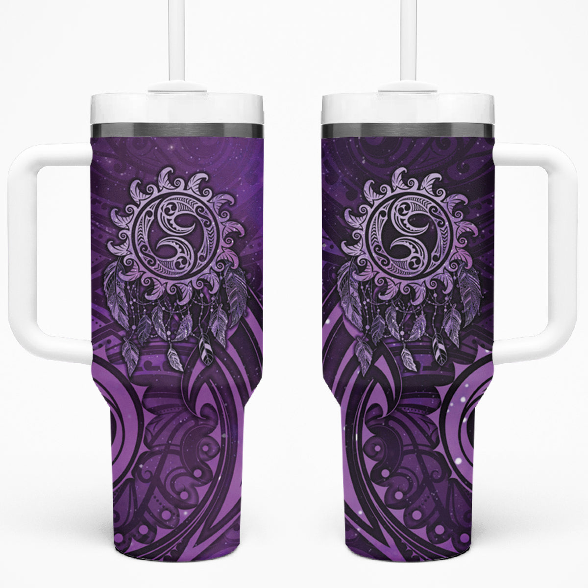 New Zealand Dream Catcher Tumbler With Handle Maori Koru Pattern Purple Version