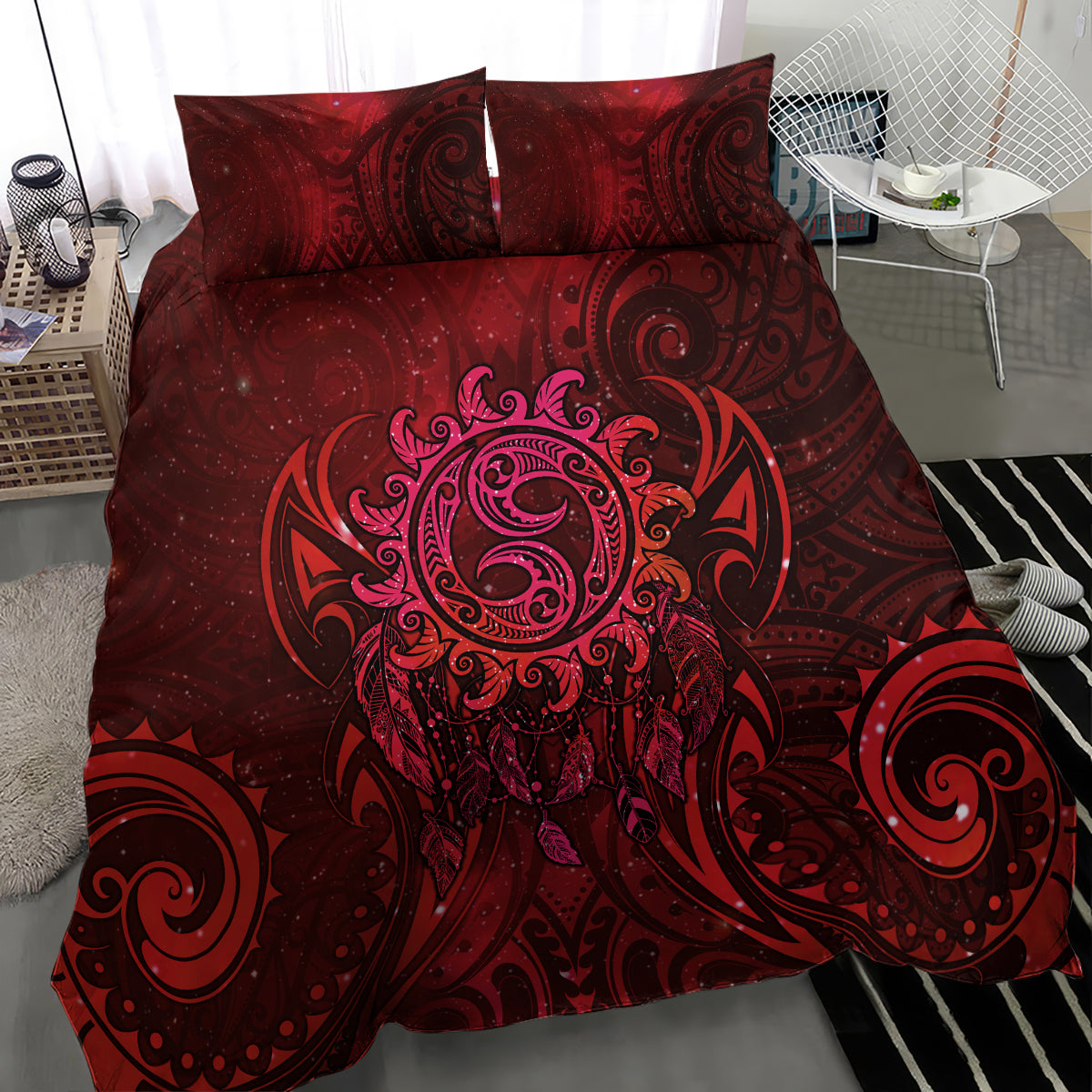 New Zealand Dream Catcher Bedding Set Maori Koru Pattern Red Version