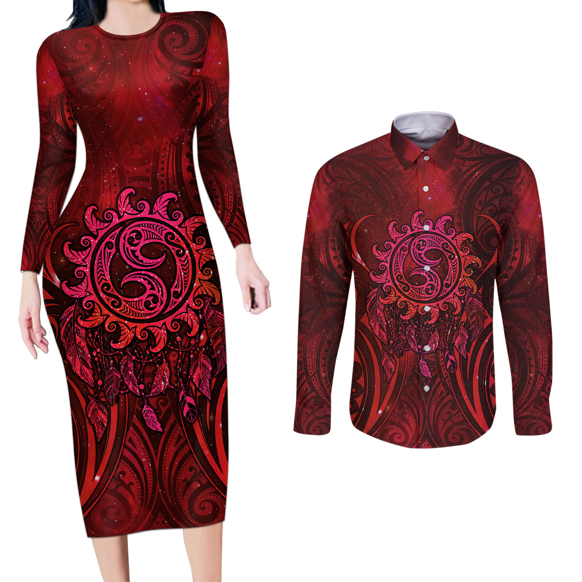 New Zealand Dream Catcher Couples Matching Long Sleeve Bodycon Dress and Long Sleeve Button Shirt Maori Koru Pattern Red Version LT05 Red - Polynesian Pride