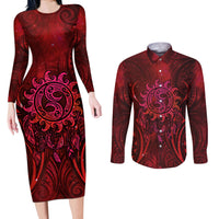 New Zealand Dream Catcher Couples Matching Long Sleeve Bodycon Dress and Long Sleeve Button Shirt Maori Koru Pattern Red Version LT05 Red - Polynesian Pride
