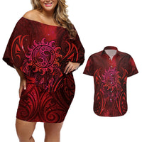 New Zealand Dream Catcher Couples Matching Off Shoulder Short Dress and Hawaiian Shirt Maori Koru Pattern Red Version LT05 Red - Polynesian Pride