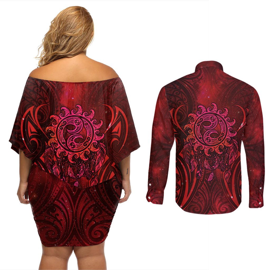 New Zealand Dream Catcher Couples Matching Off Shoulder Short Dress and Long Sleeve Button Shirt Maori Koru Pattern Red Version