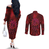 New Zealand Dream Catcher Couples Matching Off The Shoulder Long Sleeve Dress and Long Sleeve Button Shirt Maori Koru Pattern Red Version LT05 - Polynesian Pride