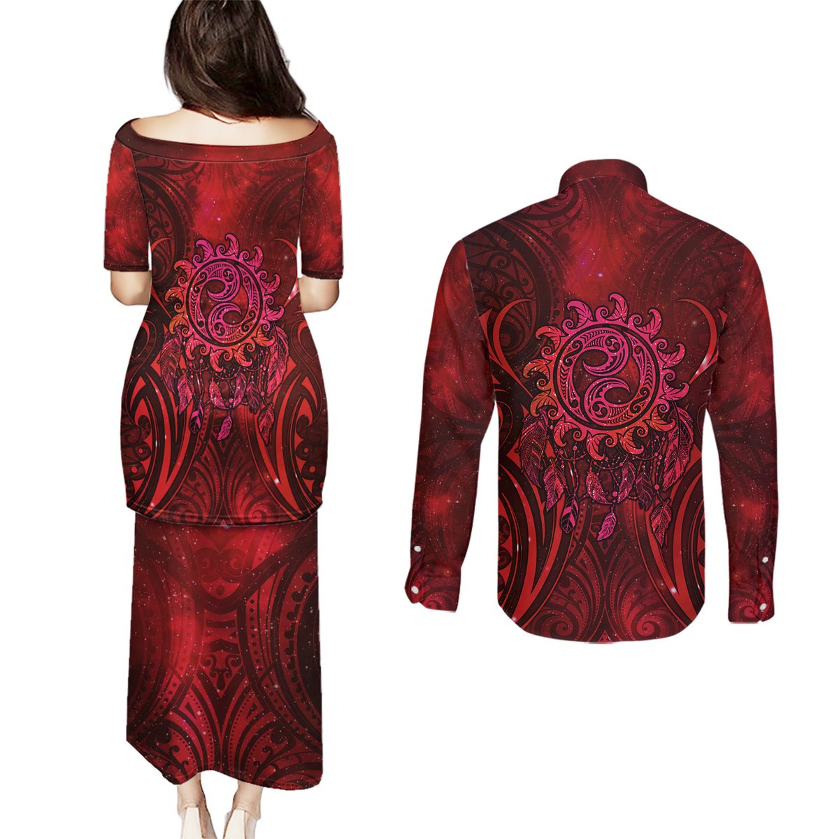 New Zealand Dream Catcher Couples Matching Puletasi and Long Sleeve Button Shirt Maori Koru Pattern Red Version