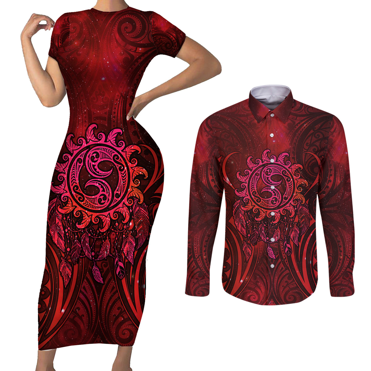 New Zealand Dream Catcher Couples Matching Short Sleeve Bodycon Dress and Long Sleeve Button Shirt Maori Koru Pattern Red Version LT05 Red - Polynesian Pride