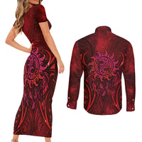New Zealand Dream Catcher Couples Matching Short Sleeve Bodycon Dress and Long Sleeve Button Shirt Maori Koru Pattern Red Version LT05 - Polynesian Pride