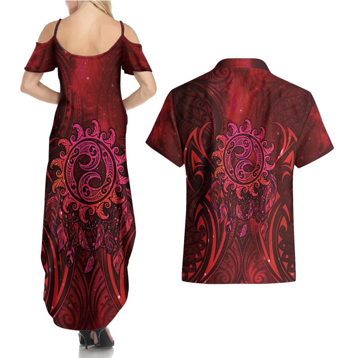 New Zealand Dream Catcher Couples Matching Summer Maxi Dress and Hawaiian Shirt Maori Koru Pattern Red Version LT05 - Polynesian Pride