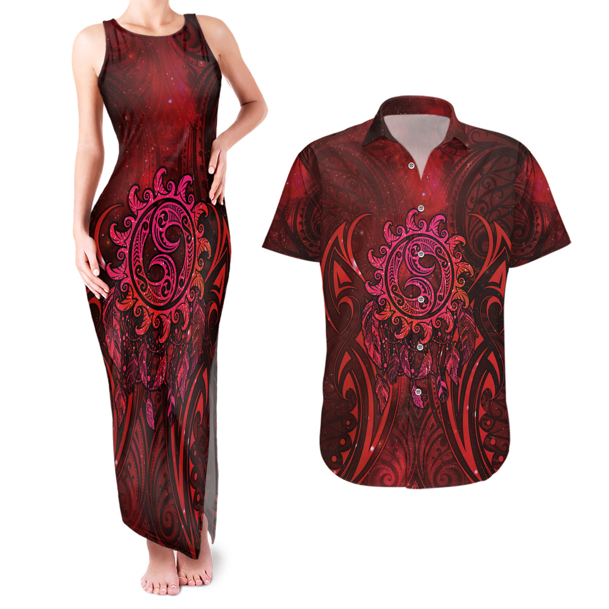New Zealand Dream Catcher Couples Matching Tank Maxi Dress and Hawaiian Shirt Maori Koru Pattern Red Version LT05 Red - Polynesian Pride
