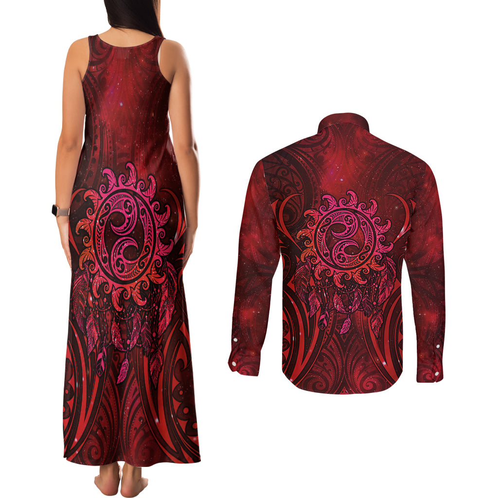New Zealand Dream Catcher Couples Matching Tank Maxi Dress and Long Sleeve Button Shirt Maori Koru Pattern Red Version