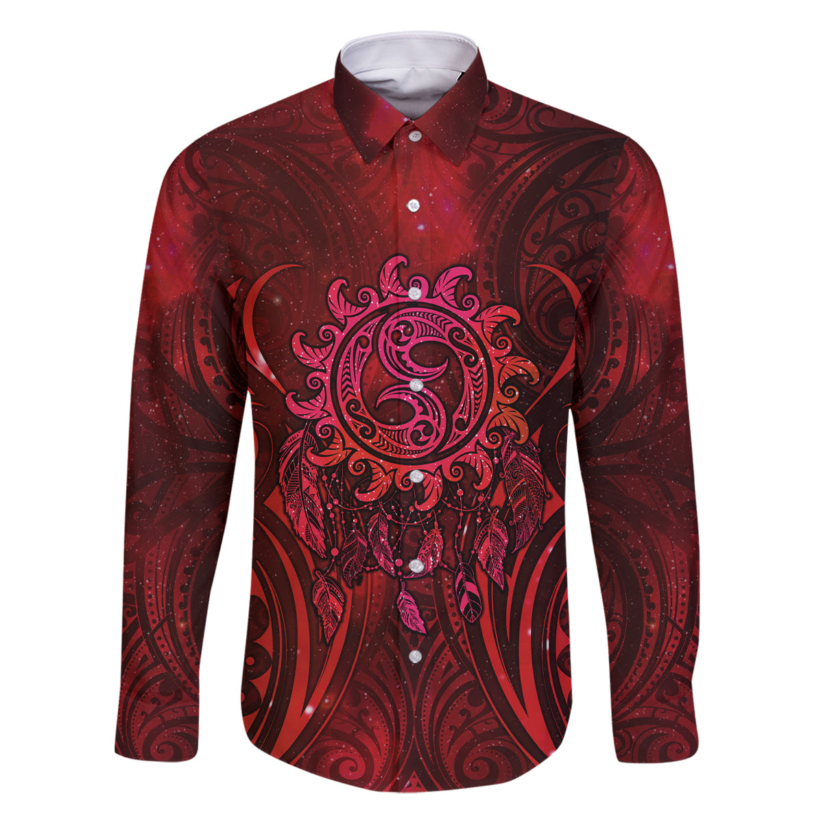 New Zealand Dream Catcher Family Matching Off Shoulder Maxi Dress and Hawaiian Shirt Maori Koru Pattern Red Version LT05 Dad's Shirt - Long Sleeve Red - Polynesian Pride