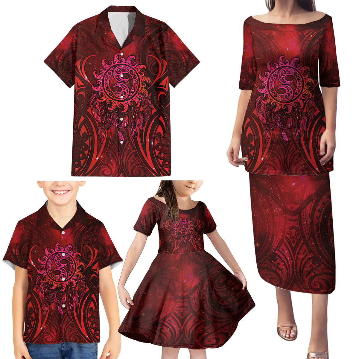 New Zealand Dream Catcher Family Matching Puletasi and Hawaiian Shirt Maori Koru Pattern Red Version LT05 - Polynesian Pride