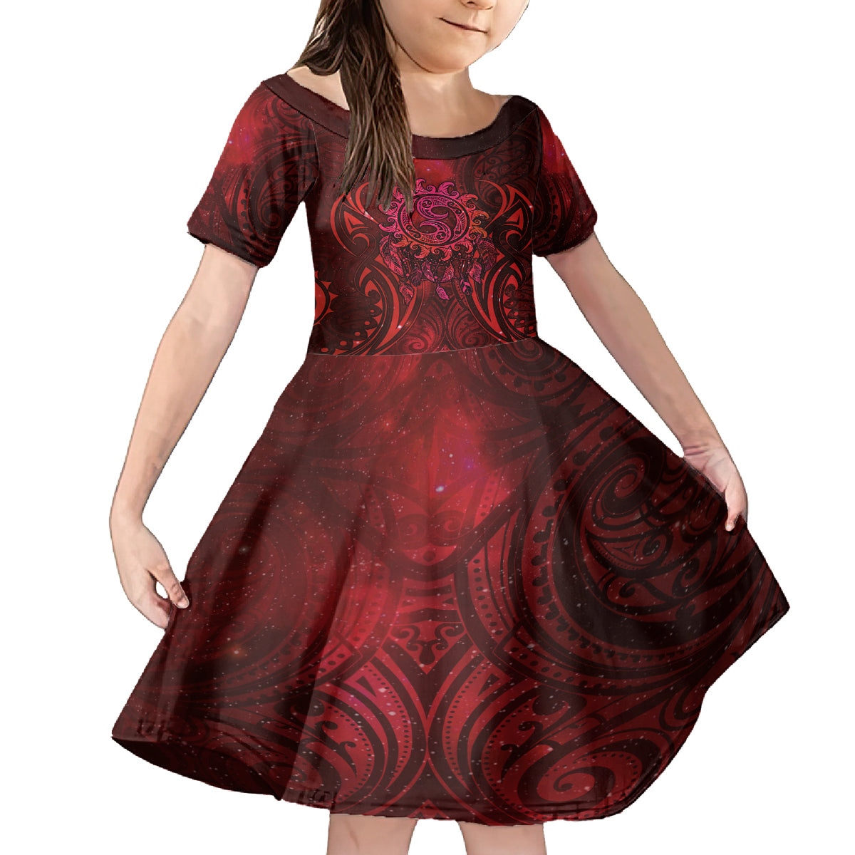 New Zealand Dream Catcher Family Matching Summer Maxi Dress and Hawaiian Shirt Maori Koru Pattern Red Version LT05 Daughter's Dress Red - Polynesian Pride