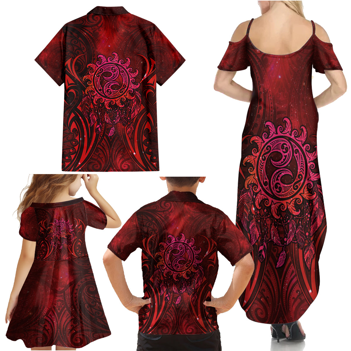 New Zealand Dream Catcher Family Matching Summer Maxi Dress and Hawaiian Shirt Maori Koru Pattern Red Version LT05 - Polynesian Pride