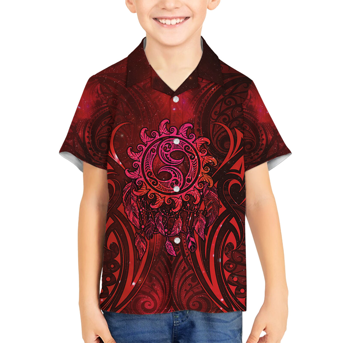 New Zealand Dream Catcher Family Matching Summer Maxi Dress and Hawaiian Shirt Maori Koru Pattern Red Version LT05 Son's Shirt Red - Polynesian Pride