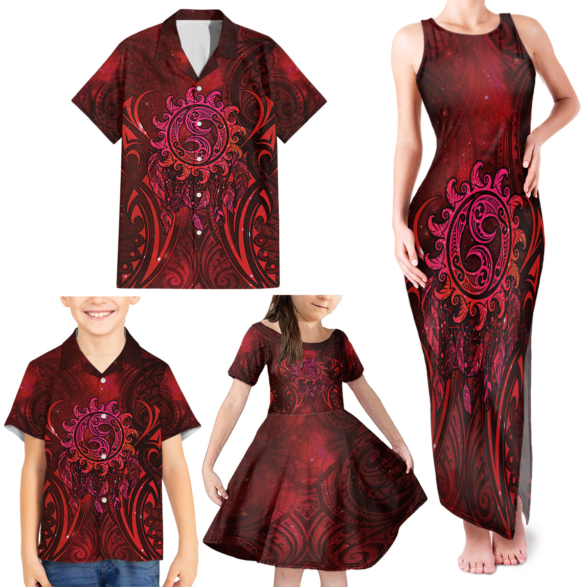 New Zealand Dream Catcher Family Matching Tank Maxi Dress and Hawaiian Shirt Maori Koru Pattern Red Version LT05 - Polynesian Pride