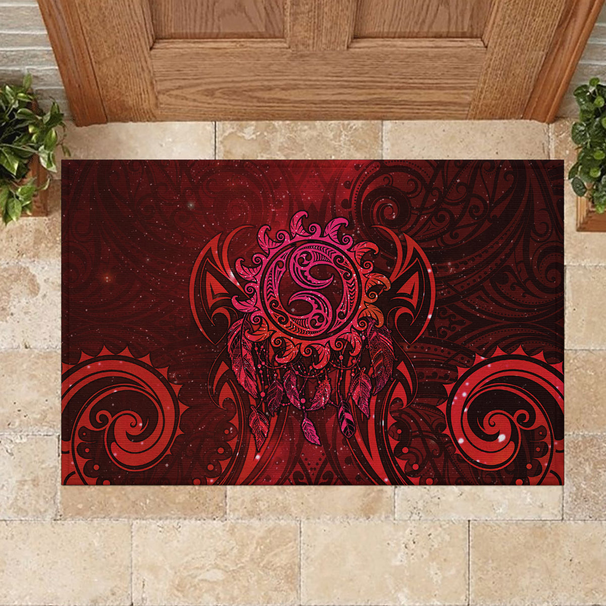 New Zealand Dream Catcher Rubber Doormat Maori Koru Pattern Red Version
