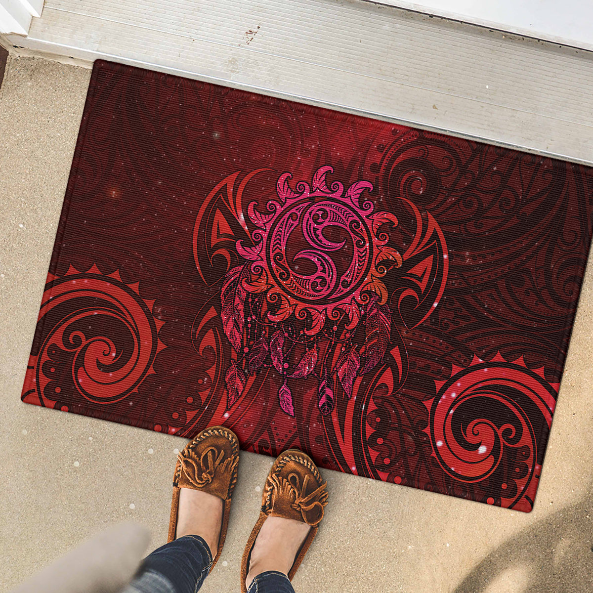 New Zealand Dream Catcher Rubber Doormat Maori Koru Pattern Red Version