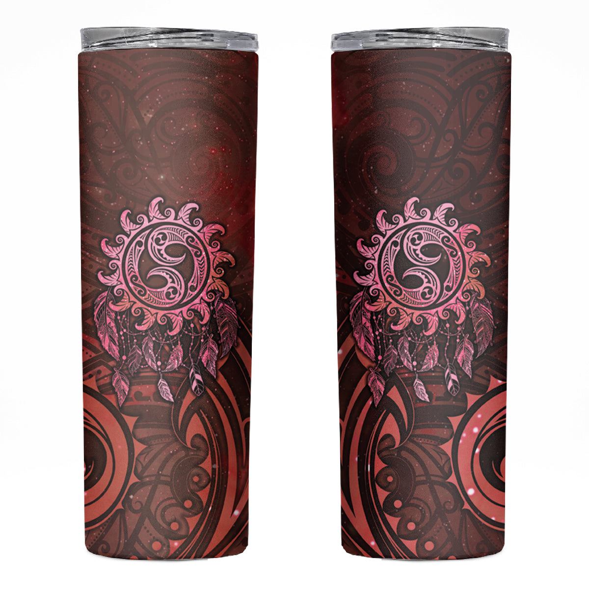 New Zealand Dream Catcher Skinny Tumbler Maori Koru Pattern Red Version