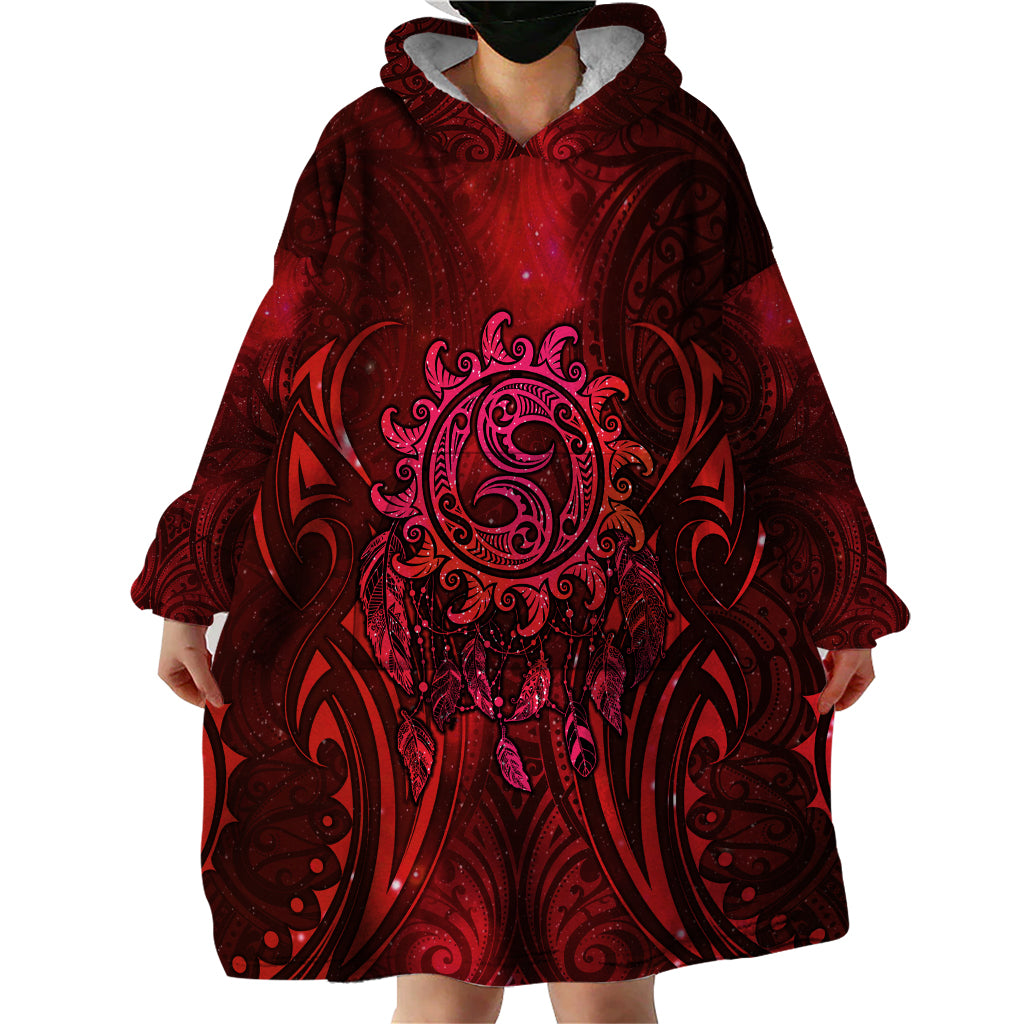 New Zealand Dream Catcher Wearable Blanket Hoodie Maori Koru Pattern Red Version
