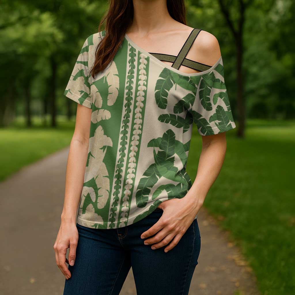 Hawaii Pua Kenikeni Lei Cross Shoulder Shirt With Lau Maia Green LT05 - Polynesian Pride