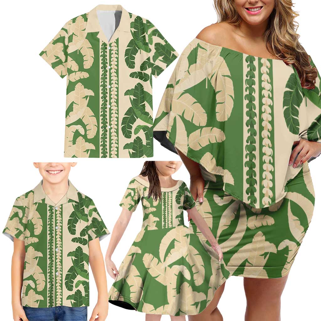 Hawaii Pua Kenikeni Lei Family Matching Off Shoulder Short Dress and Hawaiian Shirt With Lau Maia Green LT05 - Polynesian Pride