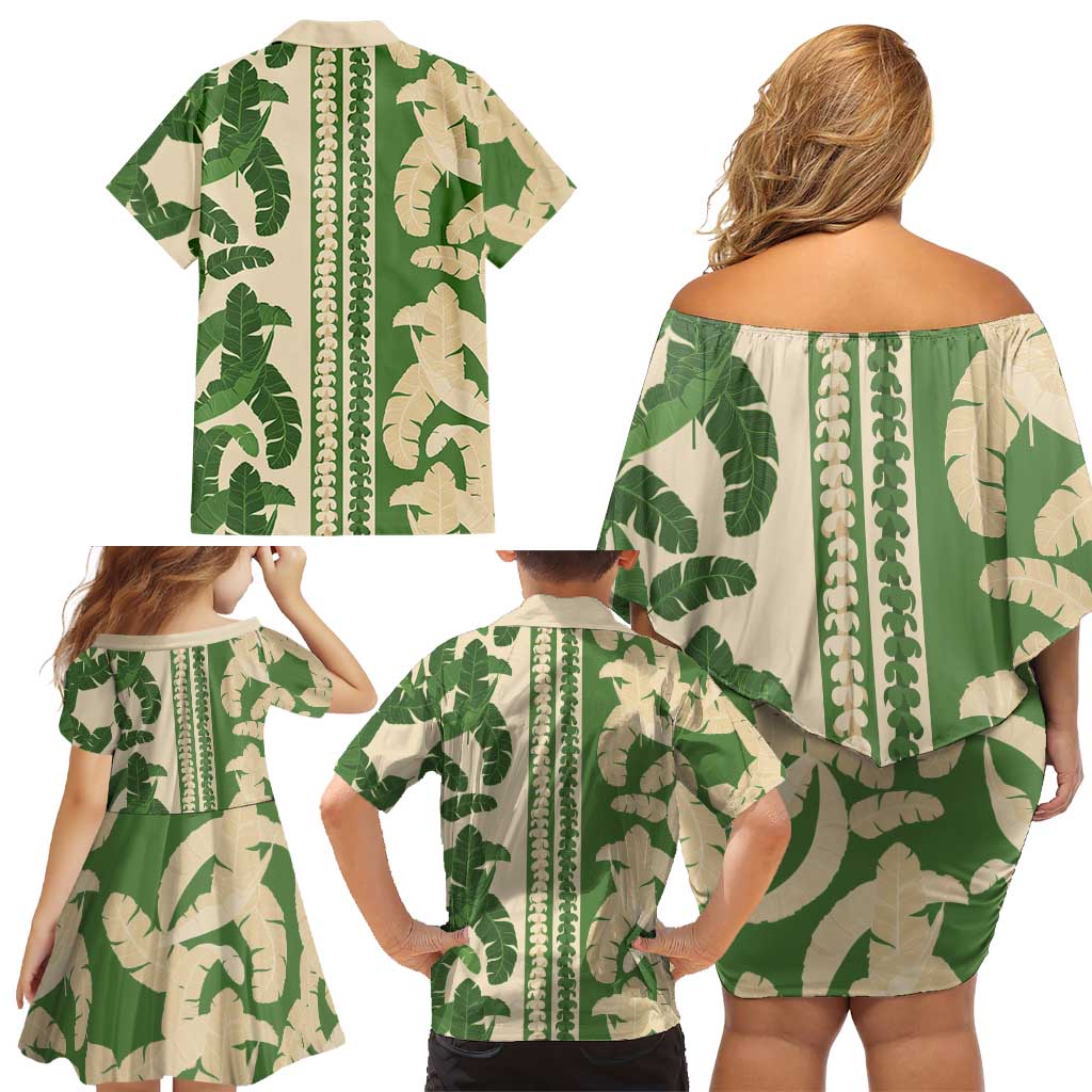 Hawaii Pua Kenikeni Lei Family Matching Off Shoulder Short Dress and Hawaiian Shirt With Lau Maia Green LT05 - Polynesian Pride