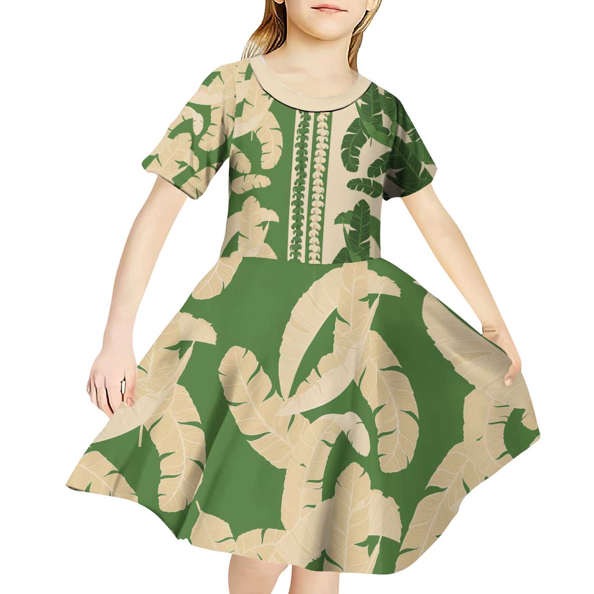 Hawaii Pua Kenikeni Lei Kid Short Sleeve Dress With Lau Maia Green LT05 - Polynesian Pride