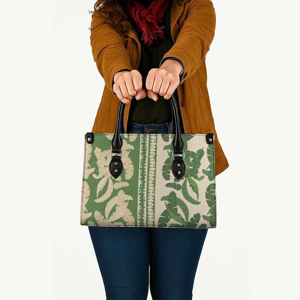 Hawaii Pua Kenikeni Lei Leather Bag With Lau Maia Green LT05 - Polynesian Pride