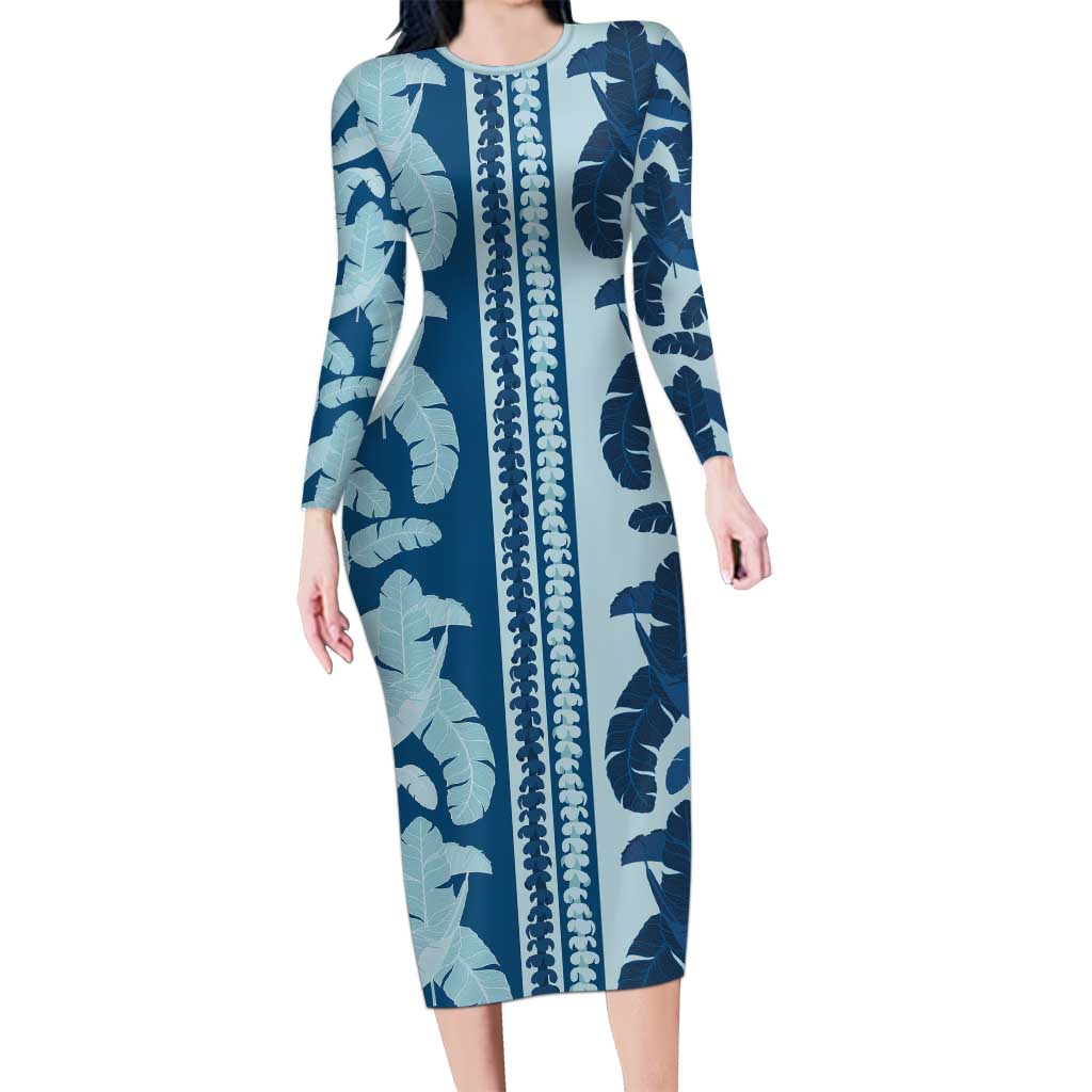 Hawaii Pua Kenikeni Lei Long Sleeve Bodycon Dress With Lau Maia Royal Blue LT05 Long Dress Blue - Polynesian Pride