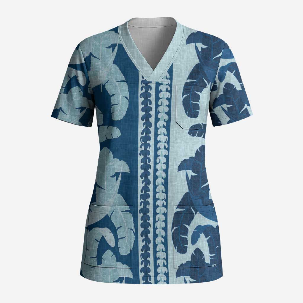 Hawaii Pua Kenikeni Lei Scrub Top With Lau Maia Royal Blue LT05 Adult Blue - Polynesian Pride