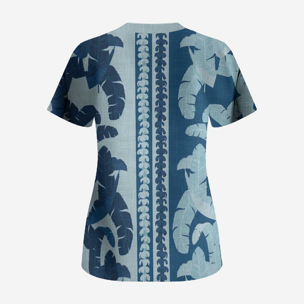 Hawaii Pua Kenikeni Lei Scrub Top With Lau Maia Royal Blue LT05 - Polynesian Pride