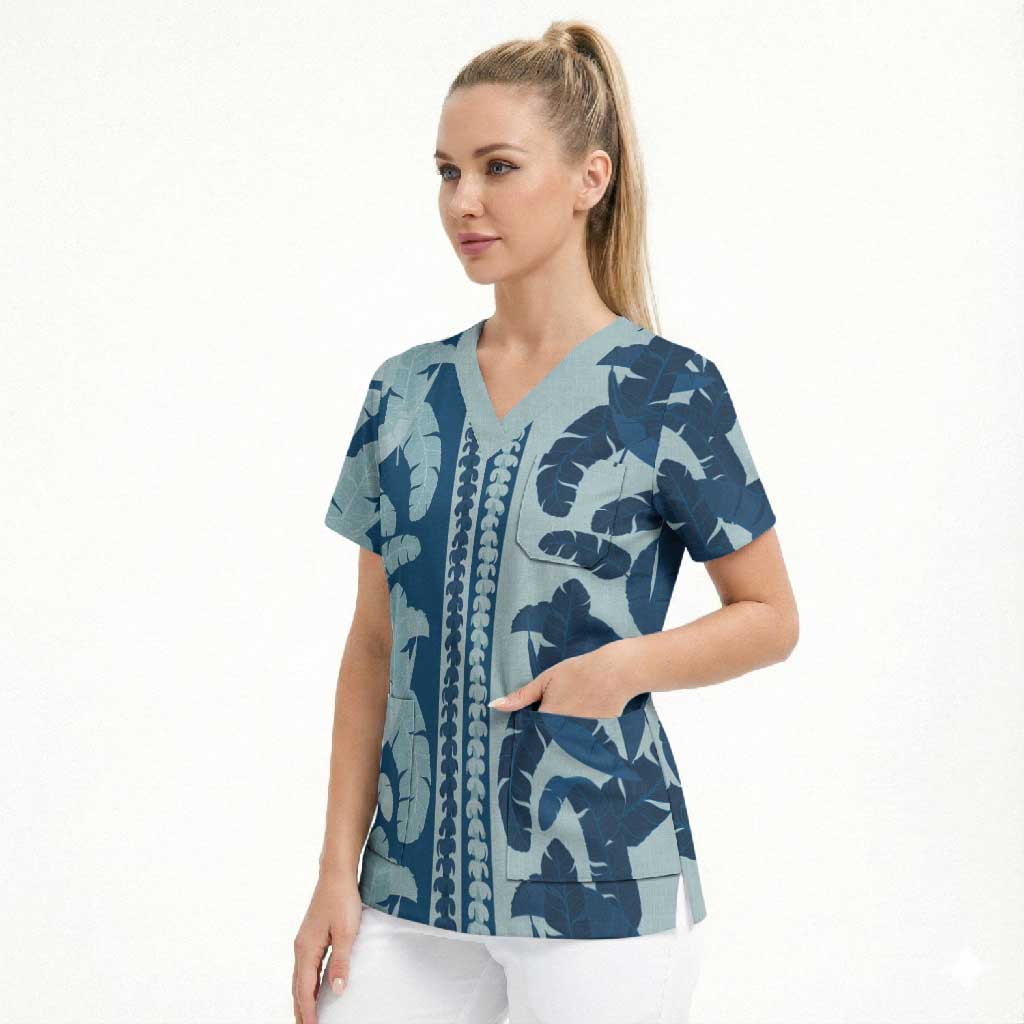 Hawaii Pua Kenikeni Lei Scrub Top With Lau Maia Royal Blue LT05 - Polynesian Pride