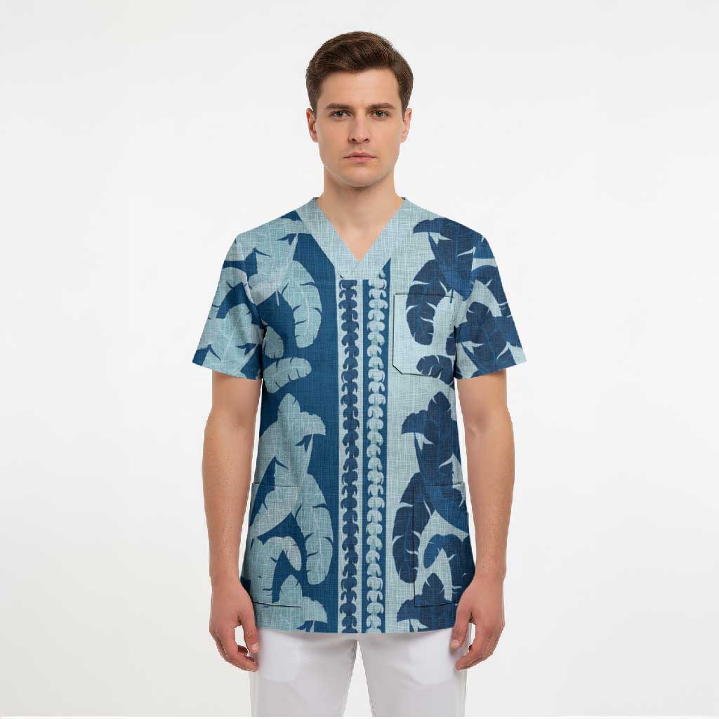 Hawaii Pua Kenikeni Lei Scrub Top With Lau Maia Royal Blue LT05 - Polynesian Pride