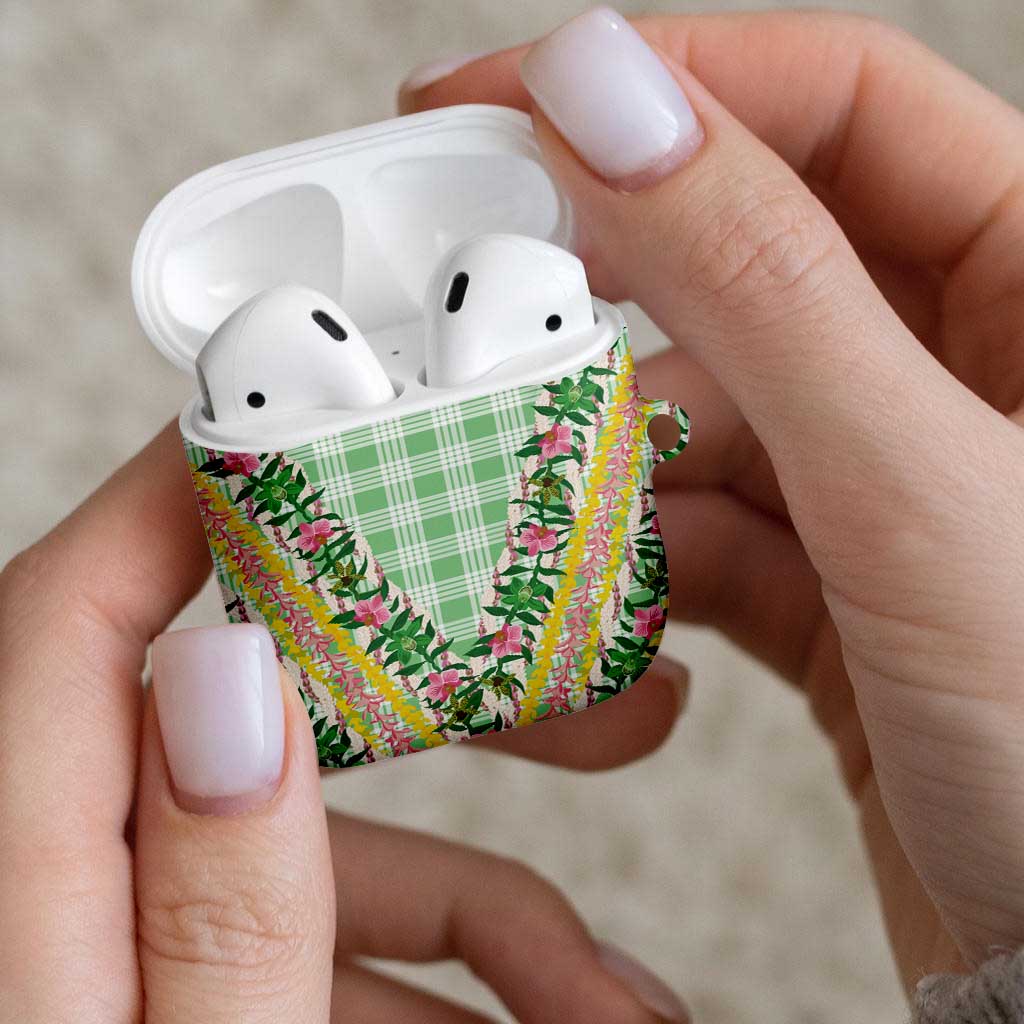 Hawaii Pikake Lokelani Plumeria Lei AirPods Case Green Palaka Motifs