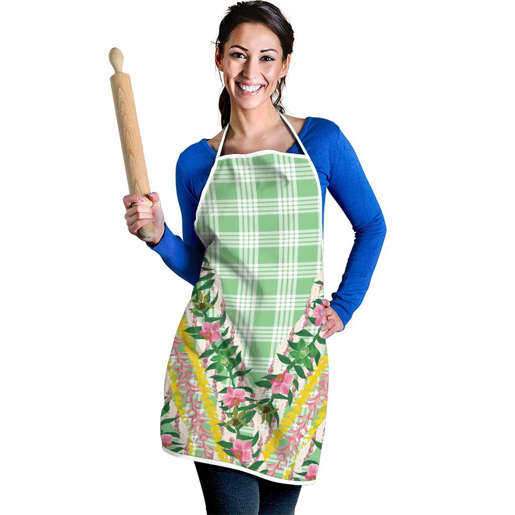 Hawaii Pikake Lokelani Plumeria Lei Apron Green Palaka Motifs