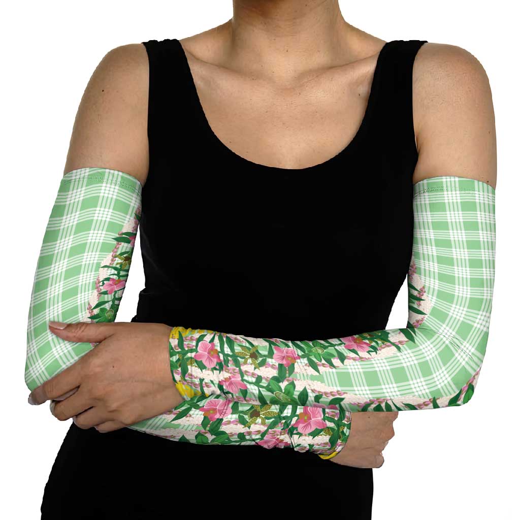 Hawaii Pikake Lokelani Plumeria Lei Arm Sleeves Green Palaka Motifs